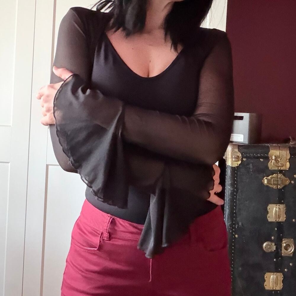 black mesh bolero top with bell sleeves